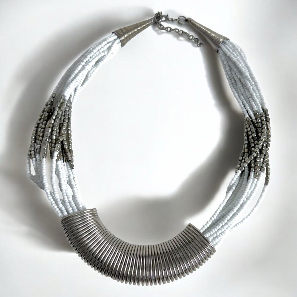 Vintage White and Silver Glass Bead Multi Strand Necklace